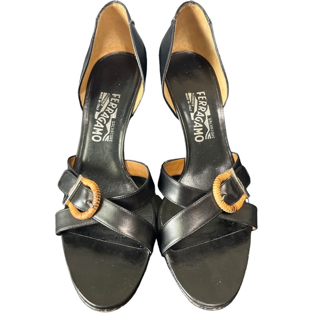Salvatore Ferragamo Black Leather Sandal Heels Pumps D'orsay‎ Wicker Buckle 9